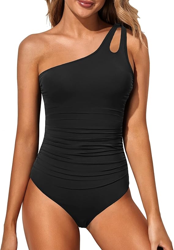 Damen Badeanzug | Ein-Schulter-Design | Bauchkontrolle | Eintelig -Schwarz-S-Luzern Mode