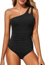 Damen Badeanzug | Ein-Schulter-Design | Bauchkontrolle | Eintelig -Schwarz-S-Luzern Mode