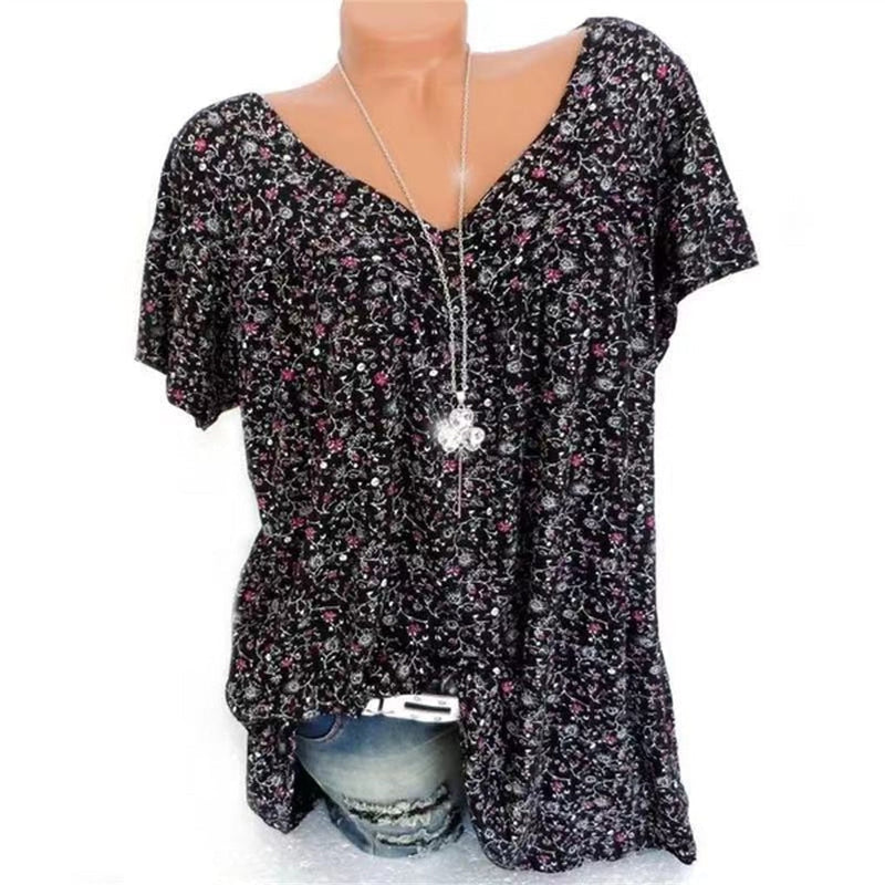 Damen Sommerbluse | Blumenprint | Boho | V-Ausschnitt | Kurzarm-Luzern Mode