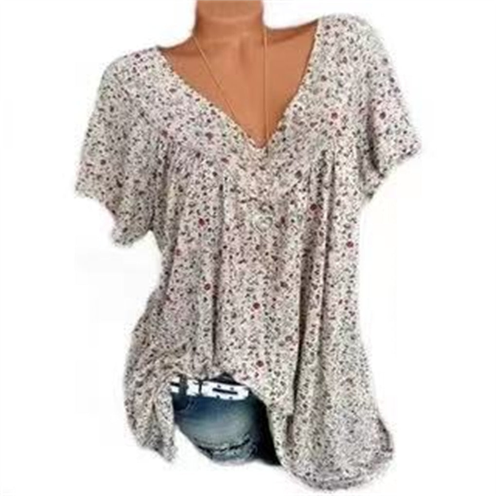 Damen Sommerbluse | Blumenprint | Boho | V-Ausschnitt | Kurzarm-Luzern Mode