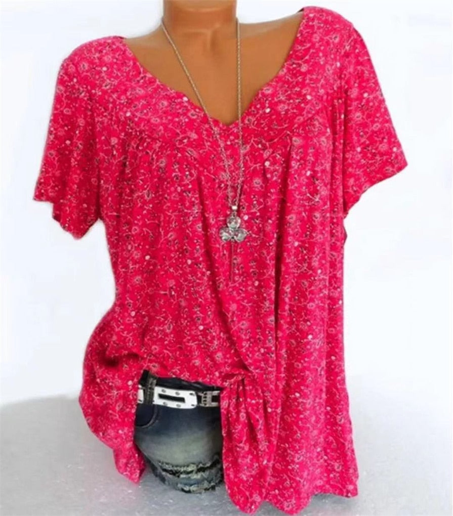 Damen Sommerbluse | Blumenprint | Boho | V-Ausschnitt | Kurzarm-Roze Rood-S-Luzern Mode