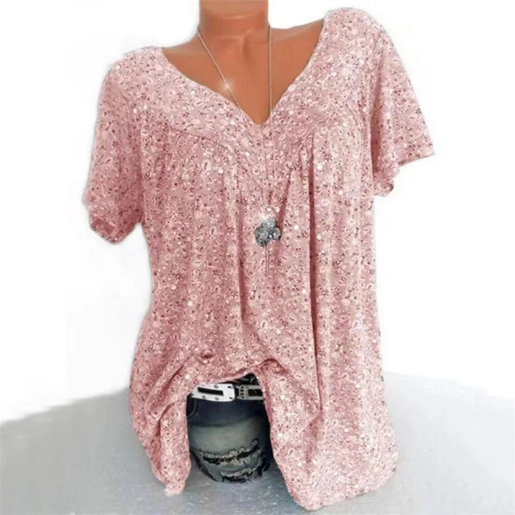 Damen Sommerbluse | Blumenprint | Boho | V-Ausschnitt | Kurzarm-Roze-S-Luzern Mode