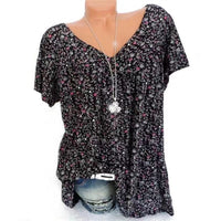 Damen Sommerbluse | Blumenprint | Boho | V-Ausschnitt | Kurzarm-Zwart-S-Luzern Mode