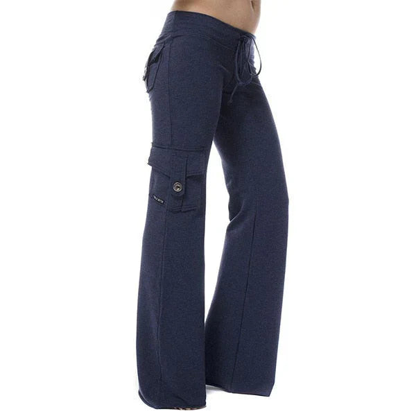 Damen Cargo Hose | Seitentaschen | Bootcut | Elastisch | Einfarbig -Blau-XS-Luzern Mode