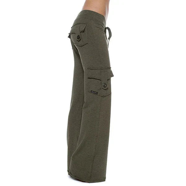 Damen Cargo Hose | Seitentaschen | Bootcut | Elastisch | Einfarbig -Grün-S-Luzern Mode