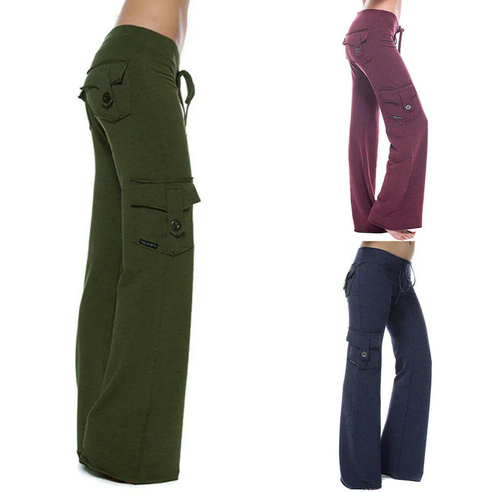 Damen Cargo Hose | Seitentaschen | Bootcut | Elastisch | Einfarbig -Grün-XS-Luzern Mode