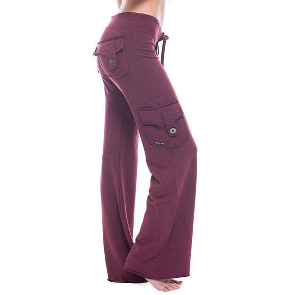 Damen Cargo Hose | Seitentaschen | Bootcut | Elastisch | Einfarbig -Weinrot-XS-Luzern Mode
