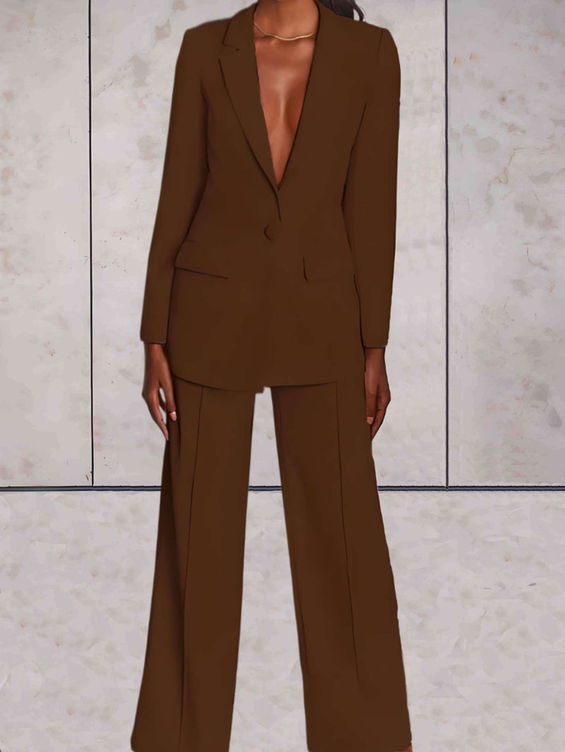 Damen Business Set | Zweitelig | Einfarbig | Hose | Blazer | Kragen-Braun-S-Luzern Mode