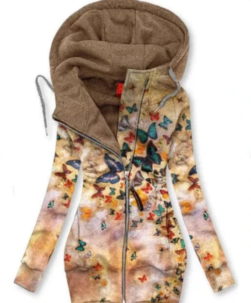 Damen Cardigan | Schmetterlingmotiv | Kaputze | Reißverschluss-Braun-S-Luzern Mode