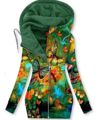 Damen Cardigan | Schmetterlingmotiv | Kaputze | Reißverschluss-Grün-S-Luzern Mode