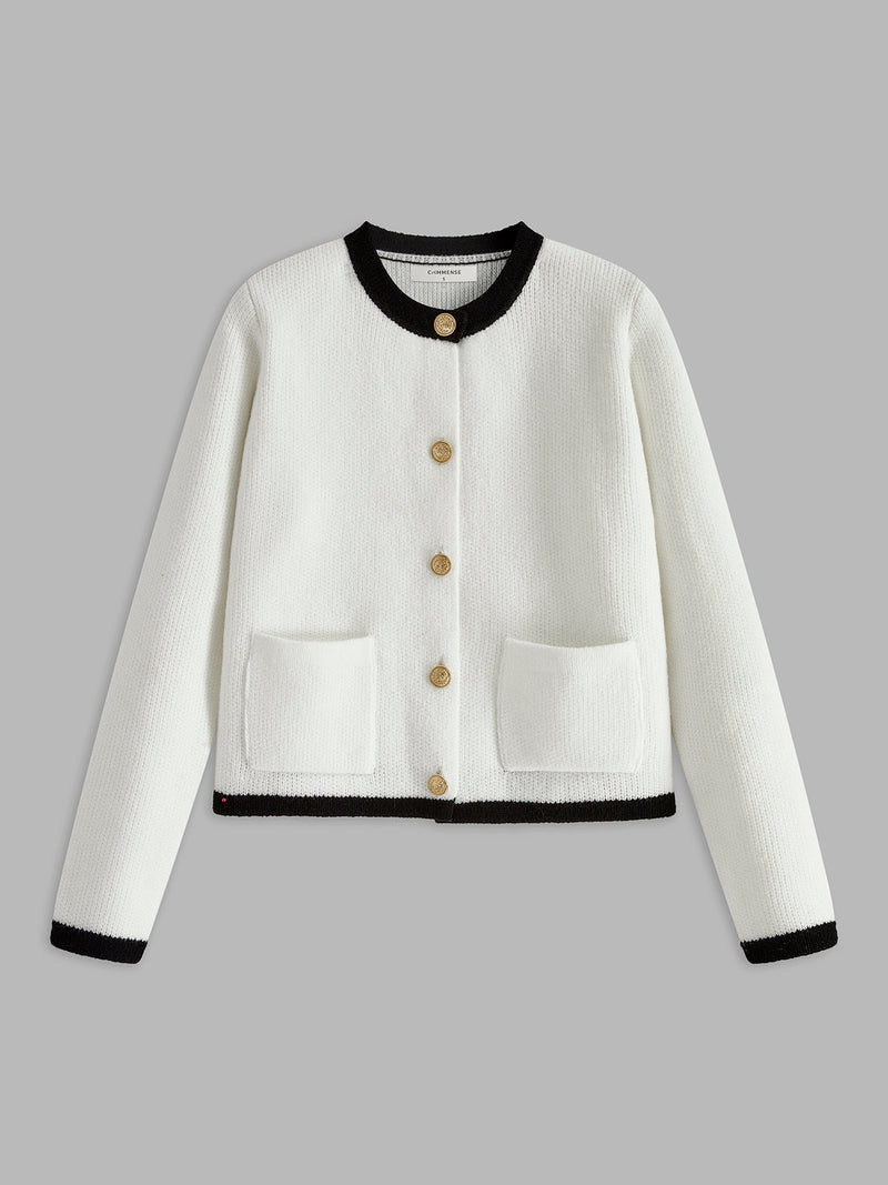Elegante Damen Strickjacke mit Knopfleiste und Rock Set-Weiß-XS-Luzern Mode