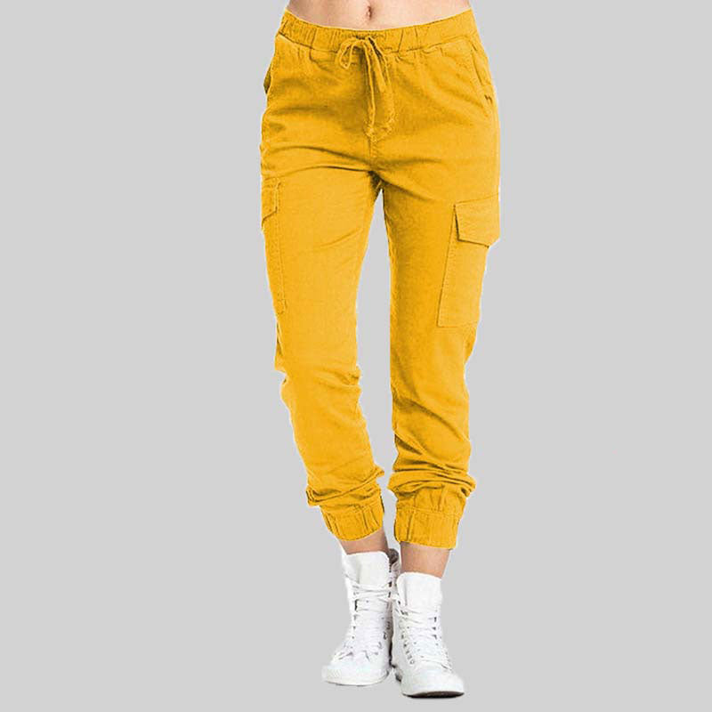 Damen Cargo Hose mit Taschen - Bequeme Freizeithose Trend-Gelb-S-Luzern Mode