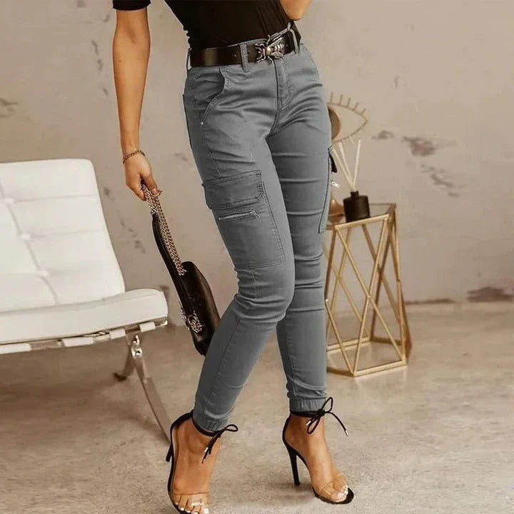 Damen Cargo Hose mit Taschen - Bequeme Freizeithose-Grau-XS-Luzern Mode