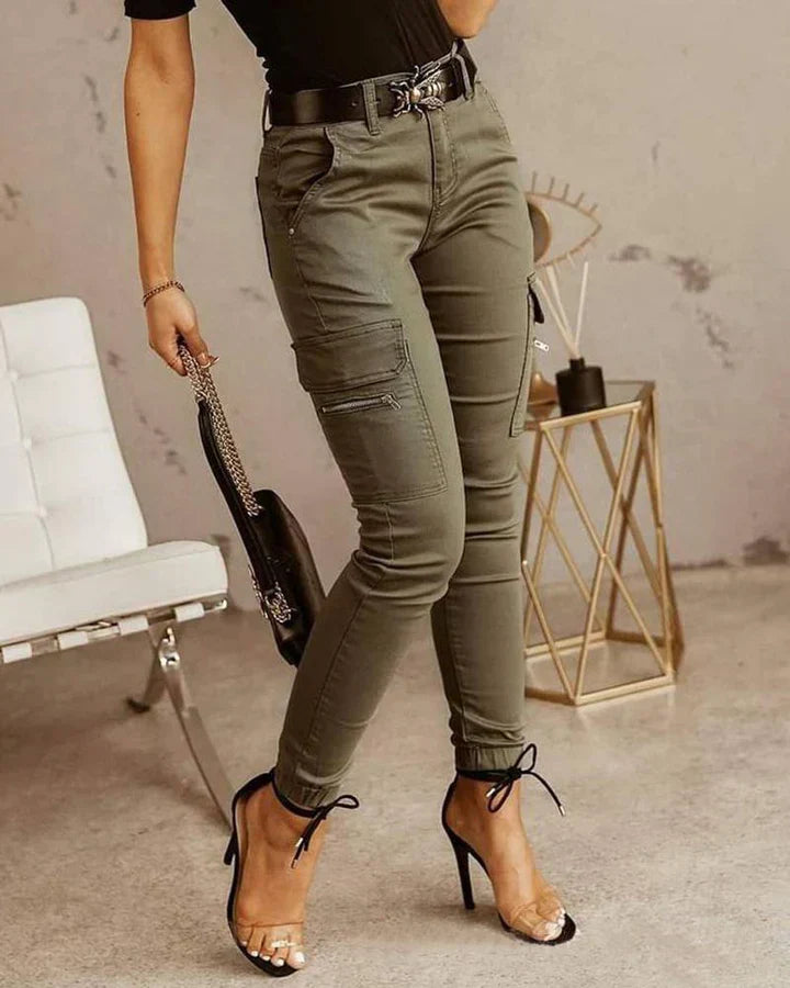 Damen Cargo Hose mit Taschen - Bequeme Freizeithose-Grün-XS-Luzern Mode