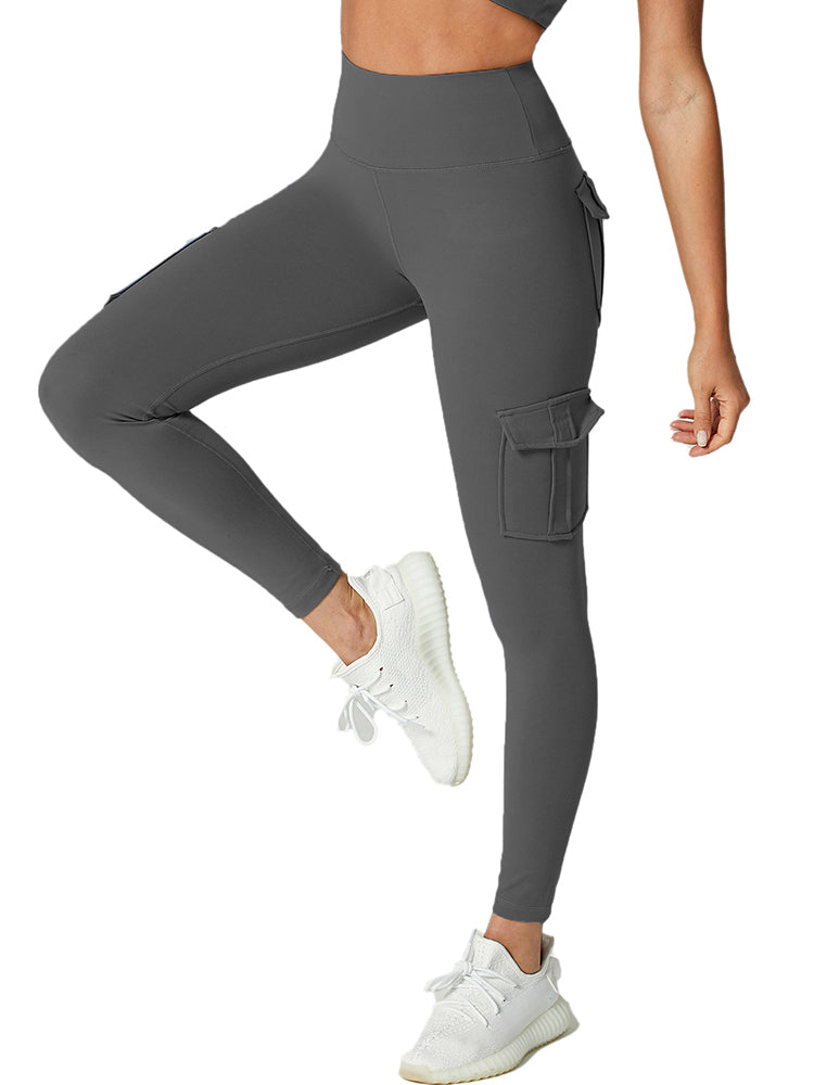 Damen Cargo Leggings mit Taschen für Freizeit und Sport-Grau-S-Luzern Mode
