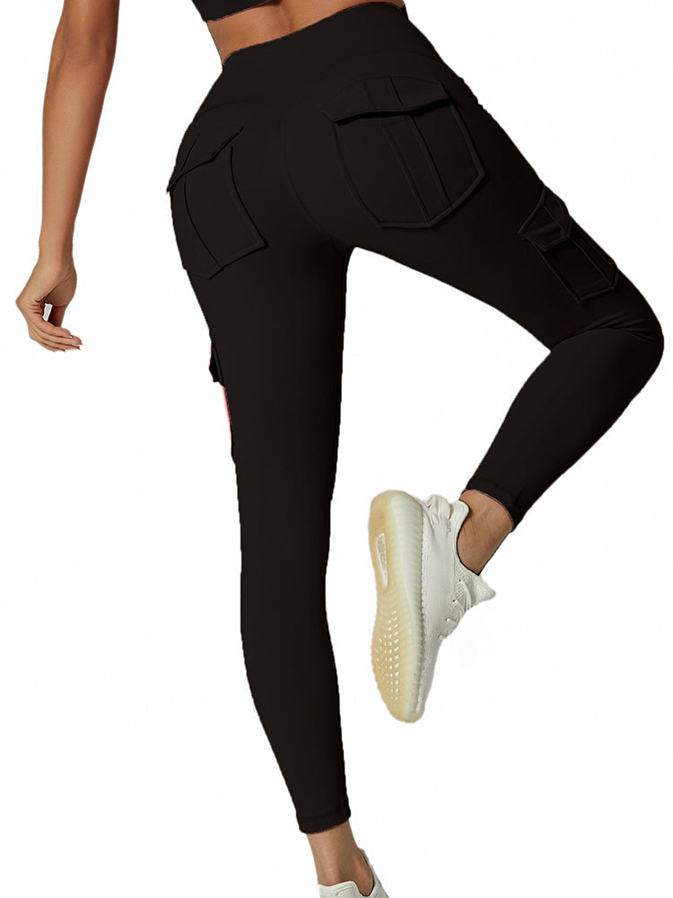 Damen Cargo Leggings mit Taschen für Freizeit und Sport-Schwarz-S-Luzern Mode