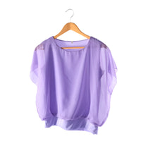 Damen Chiffon Bluse | Rüschenärmeln | Locker | Rundhals | Einfarbig-Lila-S-Luzern Mode