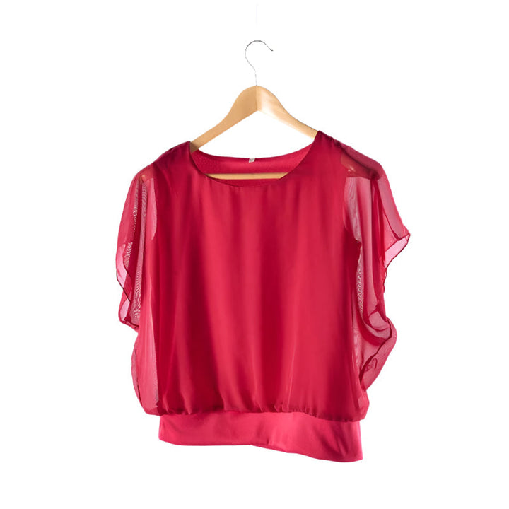 Damen Chiffon Bluse | Rüschenärmeln | Locker | Rundhals | Einfarbig-Rot-S-Luzern Mode