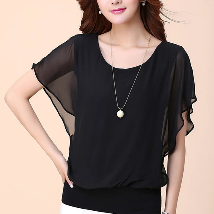 Damen Chiffon Bluse | Rüschenärmeln | Locker | Rundhals | Einfarbig-Luzern Mode