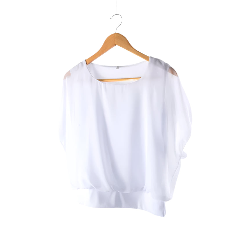 Damen Chiffon Bluse | Rüschenärmeln | Locker | Rundhals | Einfarbig-Weiß-S-Luzern Mode