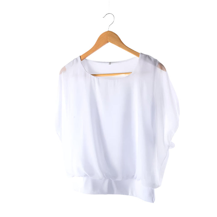 Damen Chiffon Bluse | Rüschenärmeln | Locker | Rundhals | Einfarbig-Weiß-S-Luzern Mode