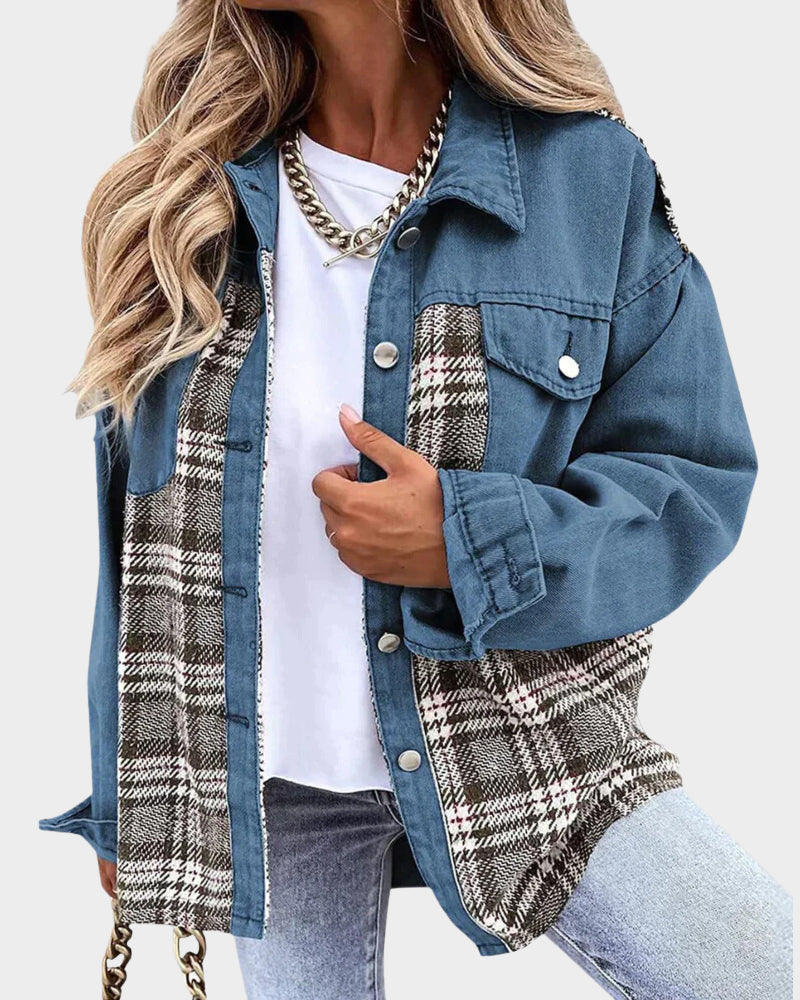 Damen Denimjacke | Knopfleiste | Rautenmuster | Lange Ärmel | Locker-Blau-S-Luzern Mode