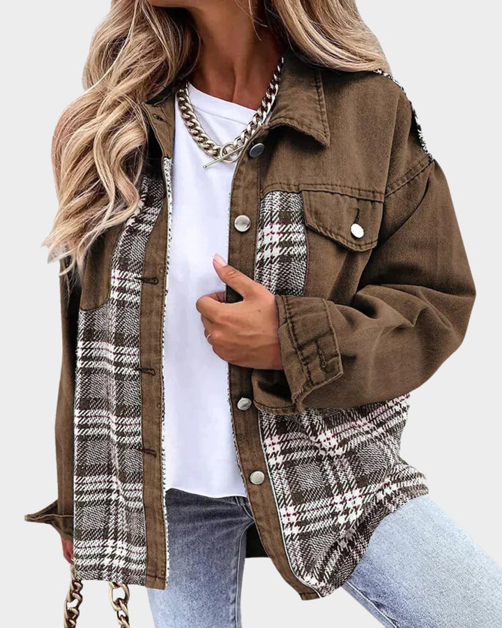 Damen Denimjacke | Knopfleiste | Rautenmuster | Lange Ärmel | Locker-Braun-S-Luzern Mode