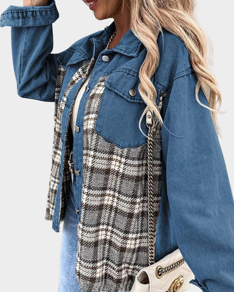 Damen Denimjacke | Knopfleiste | Rautenmuster | Lange Ärmel | Locker-Luzern Mode