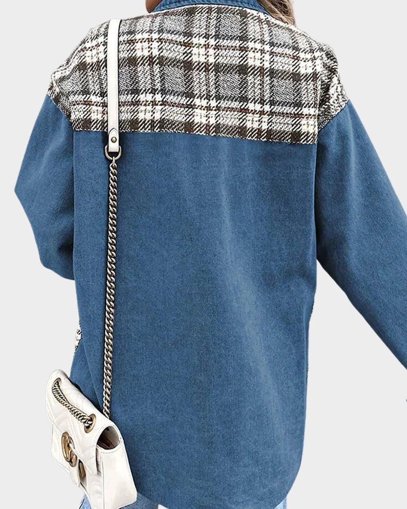 Damen Denimjacke | Knopfleiste | Rautenmuster | Lange Ärmel | Locker-Luzern Mode