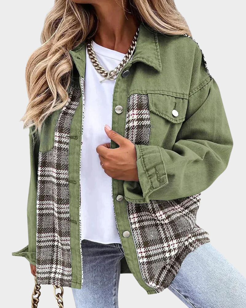 Damen Denimjacke | Knopfleiste | Rautenmuster | Lange Ärmel | Locker-Grün-S-Luzern Mode