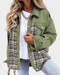 Damen Denimjacke | Knopfleiste | Rautenmuster | Lange Ärmel | Locker-Grün-S-Luzern Mode