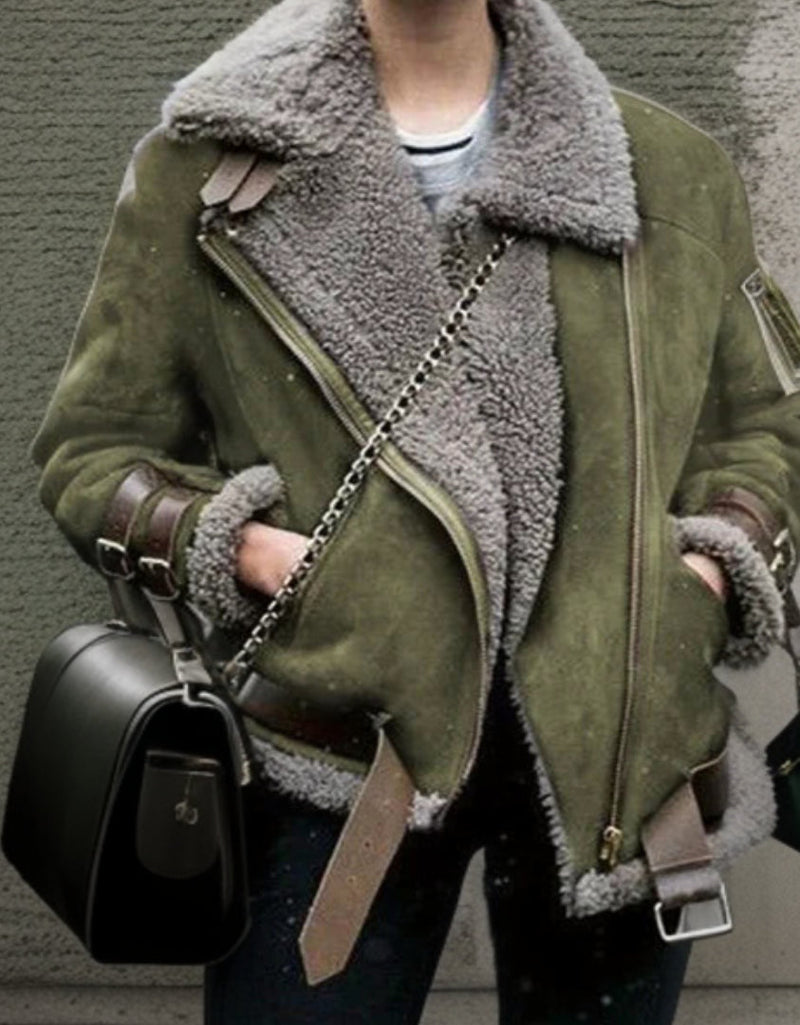 Damen Shearling Jacke mit Leopardenmuster Pullover Trend-Grün-S-Luzern Mode