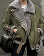 Damen Shearling Jacke mit Leopardenmuster Pullover Trend-Grün-S-Luzern Mode