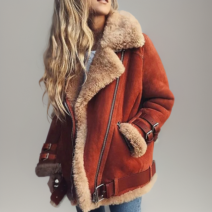 Damen Shearling Jacke mit Leopardenmuster Pullover Trend-Orange-S-Luzern Mode