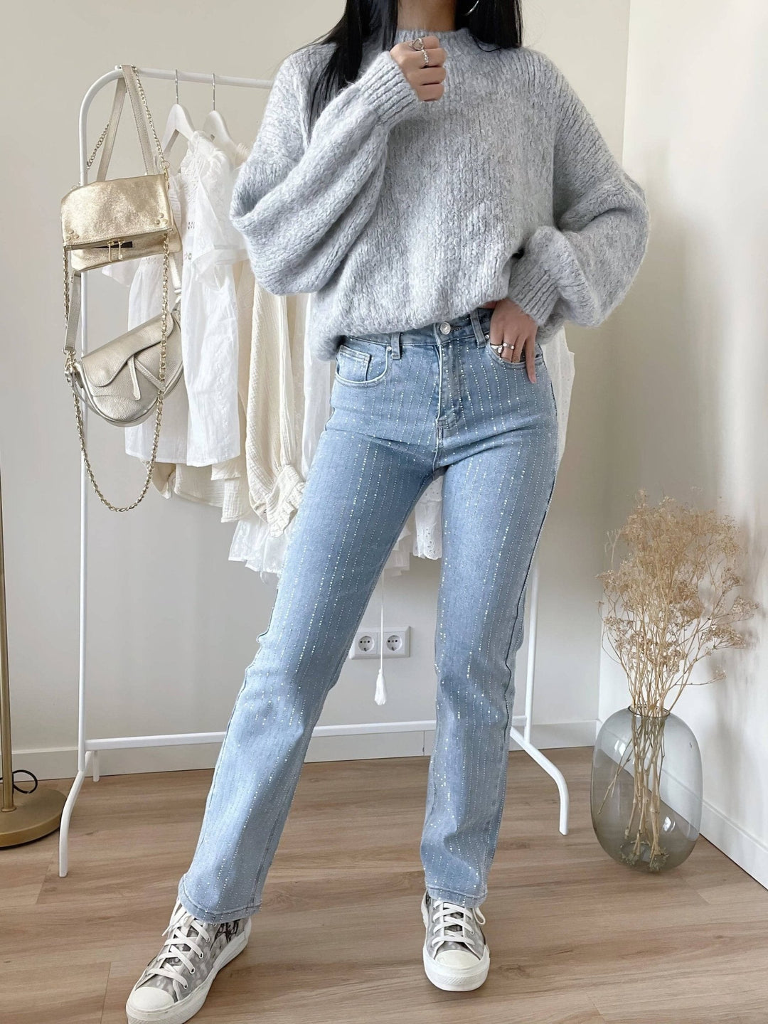 Damen Glitzer Jeans | Reguläre Passform | Hoher Bund | Stretch | Trendy-Luzern Mode