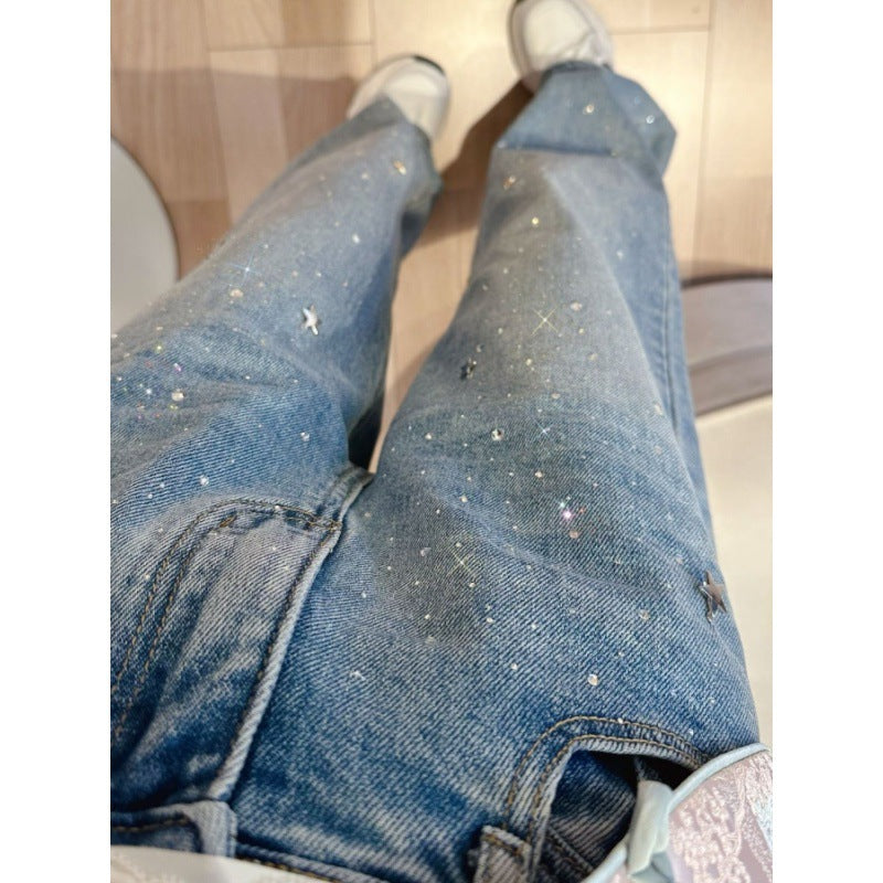 Damen Glitzer Jeans | Reguläre Passform | Hoher Bund | Stretch | Trendy-Blau Grau-S-Luzern Mode