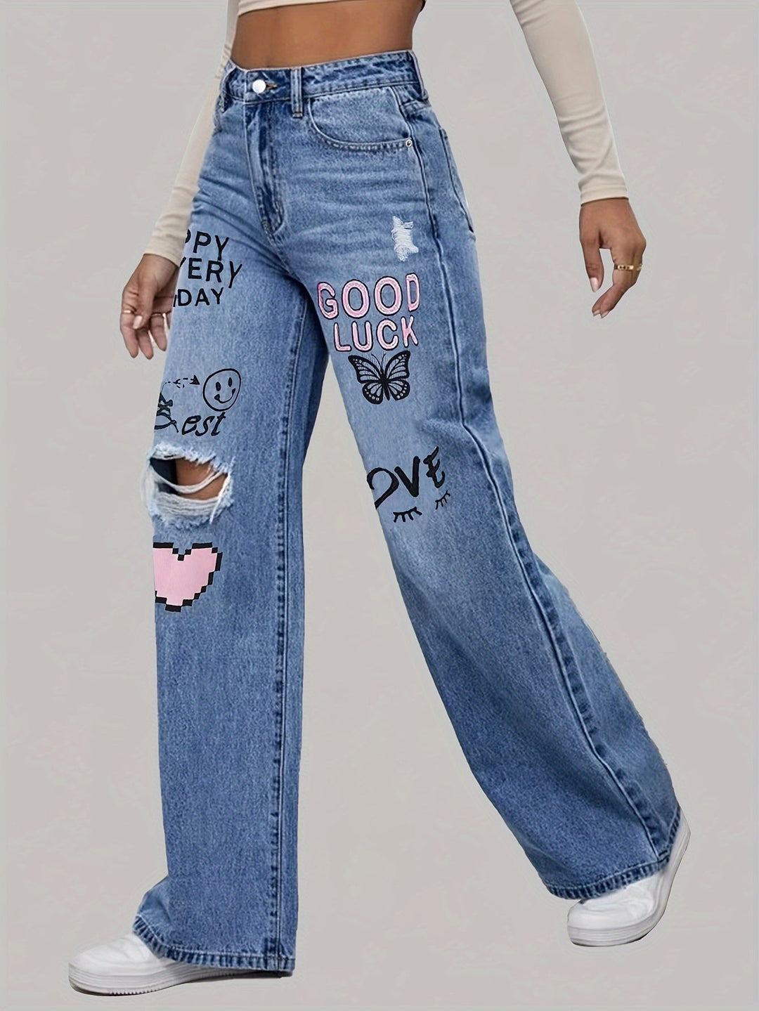 Damen Jeans mit Aufdruck und Rissen - Trendige Streetwear-Luzern Mode