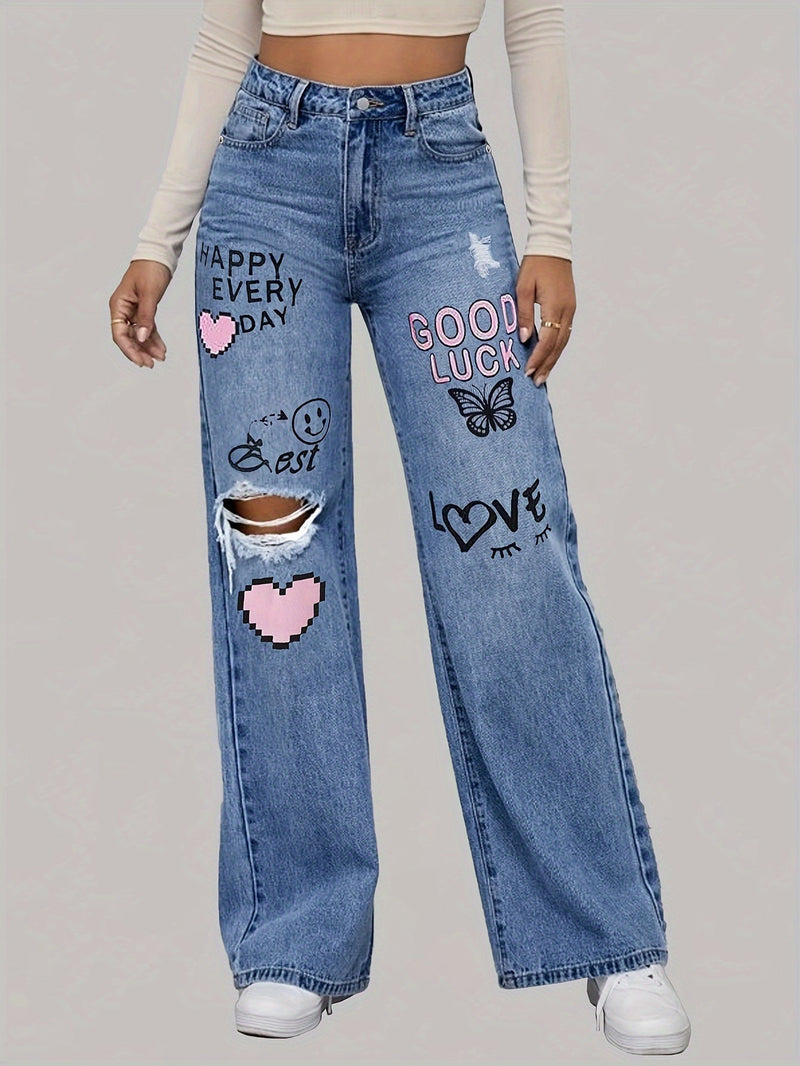 Damen Jeans mit Aufdruck und Rissen - Trendige Streetwear-Luzern Mode
