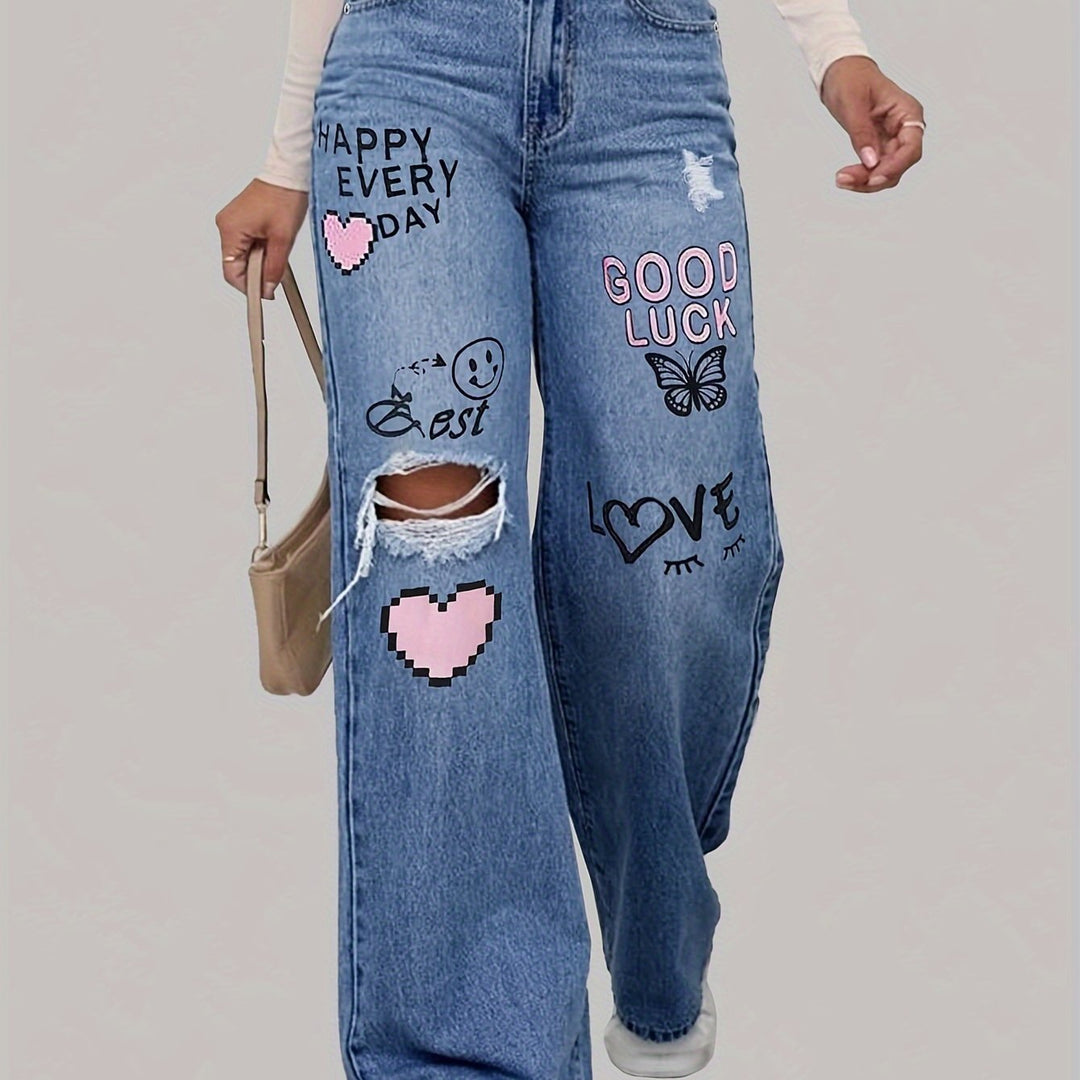 Damen Jeans mit Aufdruck und Rissen - Trendige Streetwear-XS-Mittelblau-Luzern Mode