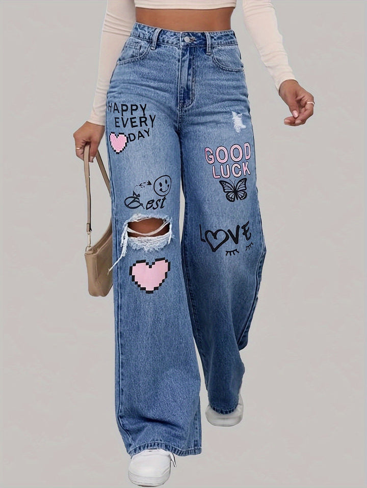 Damen Jeans mit Aufdruck und Rissen - Trendige Streetwear-Luzern Mode