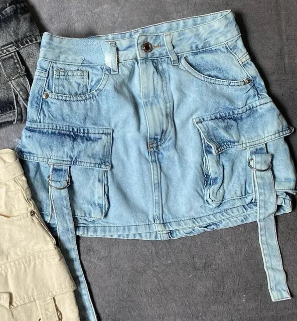 Damen Jeansrock mit Taschen und Gürtel - Modetrend 2023-Hellblau-S-Luzern Mode