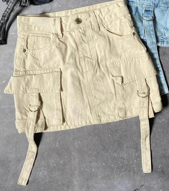 Damen Jeansrock mit Taschen und Gürtel - Modetrend 2023-Khaki-S-Luzern Mode