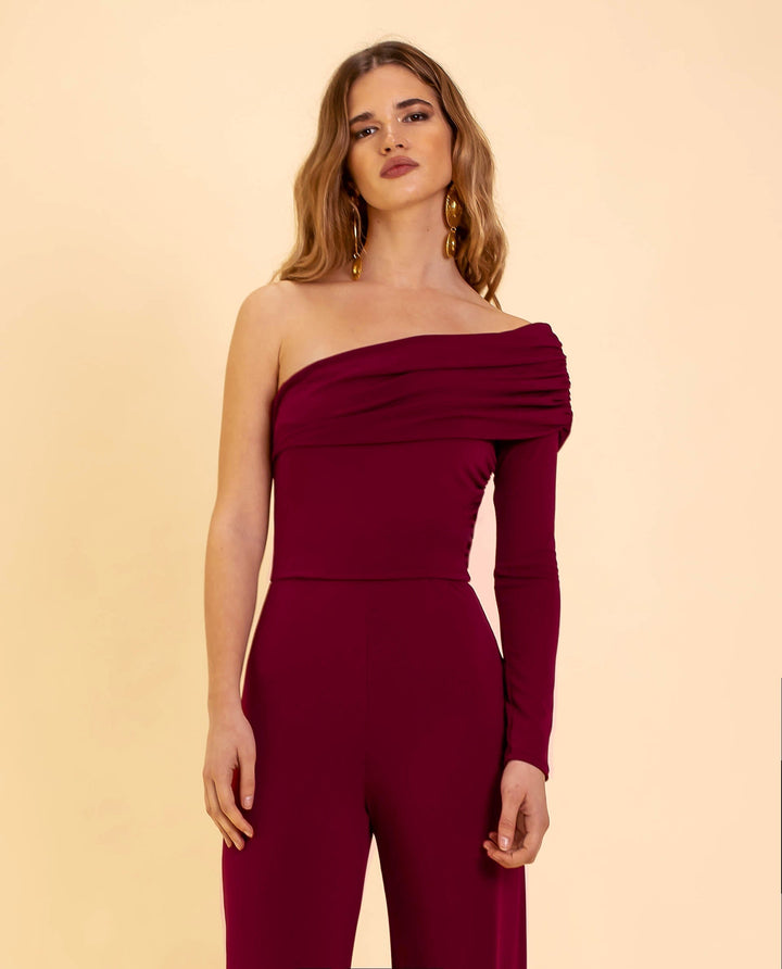Bordeauxroter Damen-Overall | Kalt-Schulter | Lange Ärmel | Seitenreißverschluss-Luzern Mode
