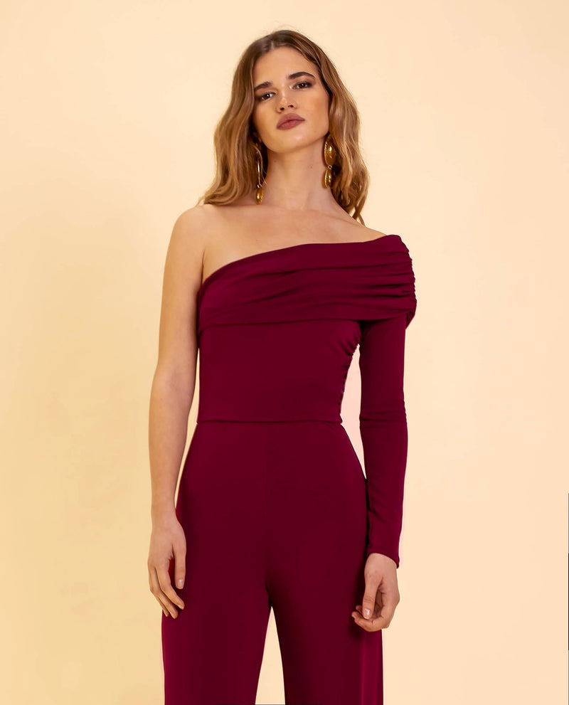 Bordeauxroter Damen-Overall | Kalt-Schulter | Lange Ärmel | Seitenreißverschluss-Luzern Mode