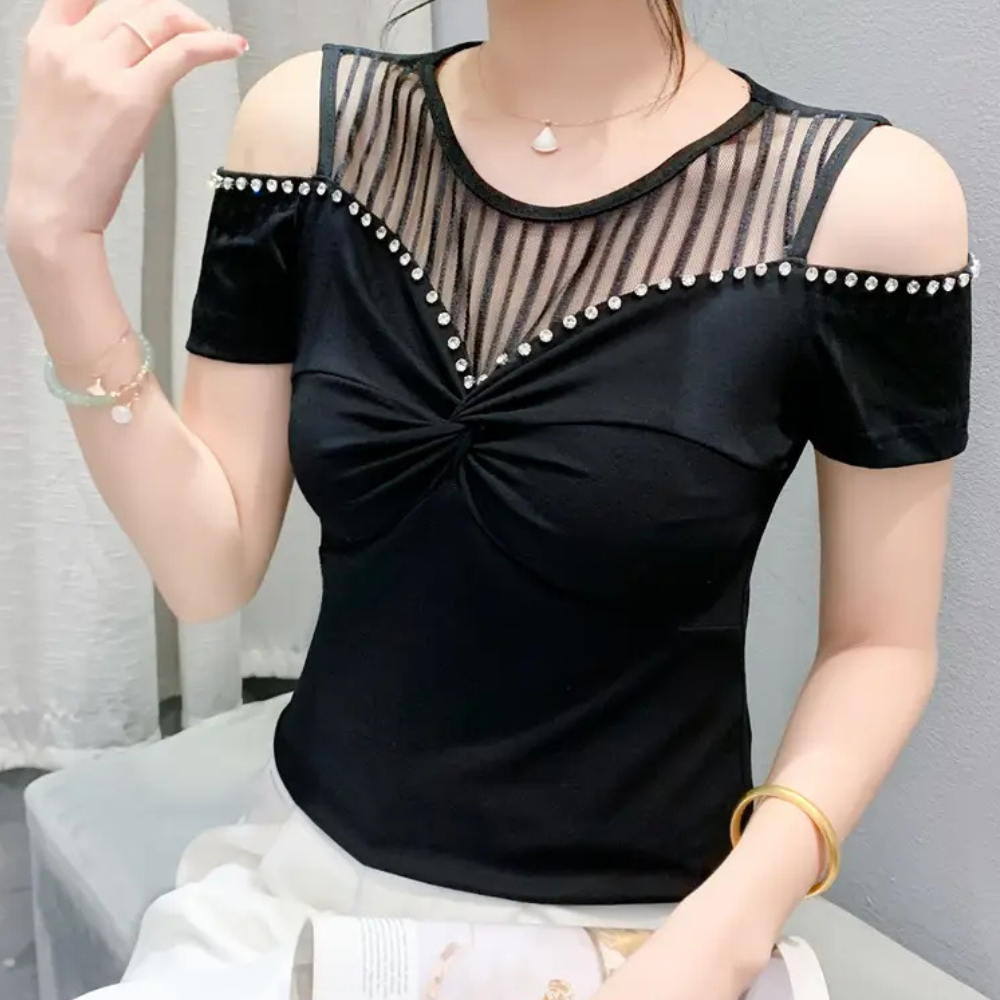 Schulterfreies Damen Top mit Netz und Strassdetails-Luzern Mode