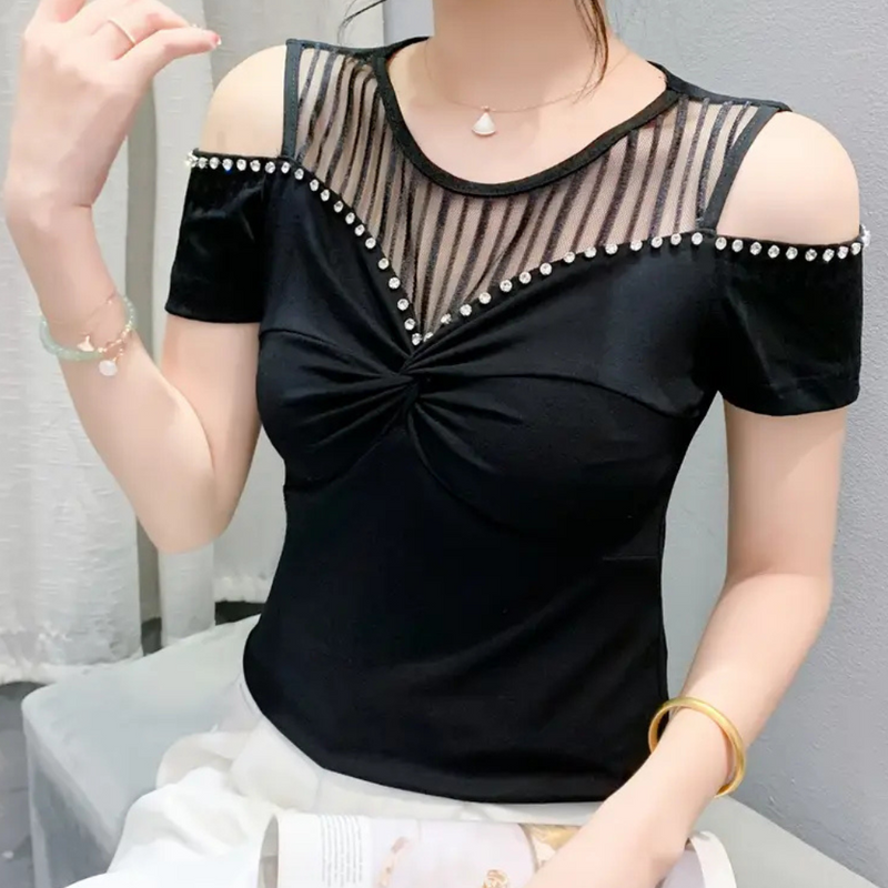Schulterfreies Damen Top mit Netz und Strassdetails-Luzern Mode