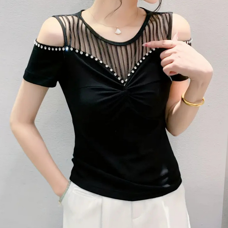 Schulterfreies Damen Top mit Netz und Strassdetails-Luzern Mode