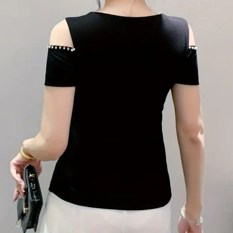Schulterfreies Damen Top mit Netz und Strassdetails-Luzern Mode