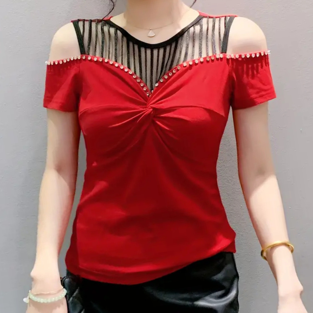 Schulterfreies Damen Top mit Netz und Strassdetails-Rot-XS-Luzern Mode