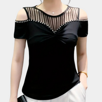 Schulterfreies Damen Top mit Netz und Strassdetails-Luzern Mode